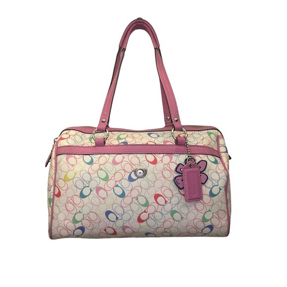 Coach Women’s White With Pink Trim Leather & Signature C Print Shoulder Tote bag - Picture 1 of 15